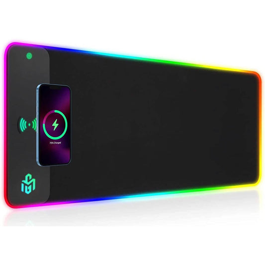 Black wireless charging RGB gaming mouse pad with rainbow LED edge and Qi symbol panel