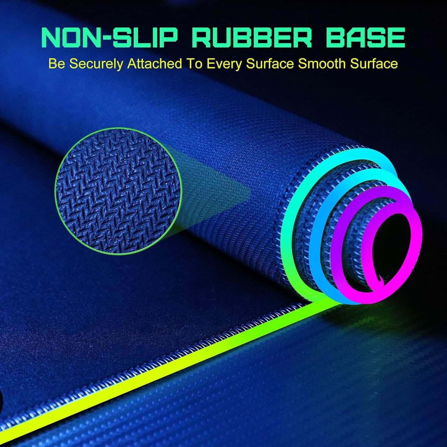 Black mouse pad with textured non-slip rubber base and RGB side lighting
