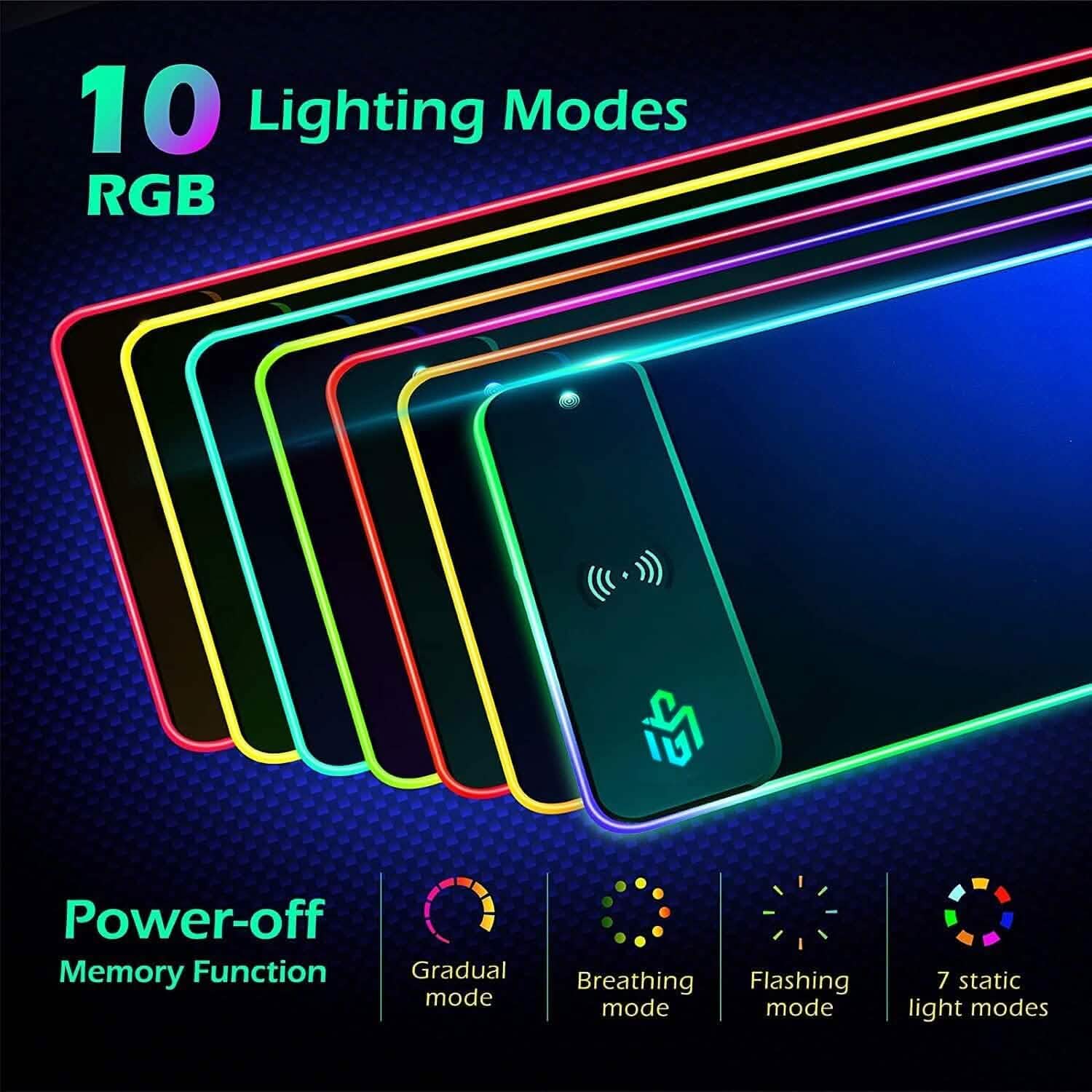 Black RGB gaming mouse pad with wireless charging logo and multicolor border lights