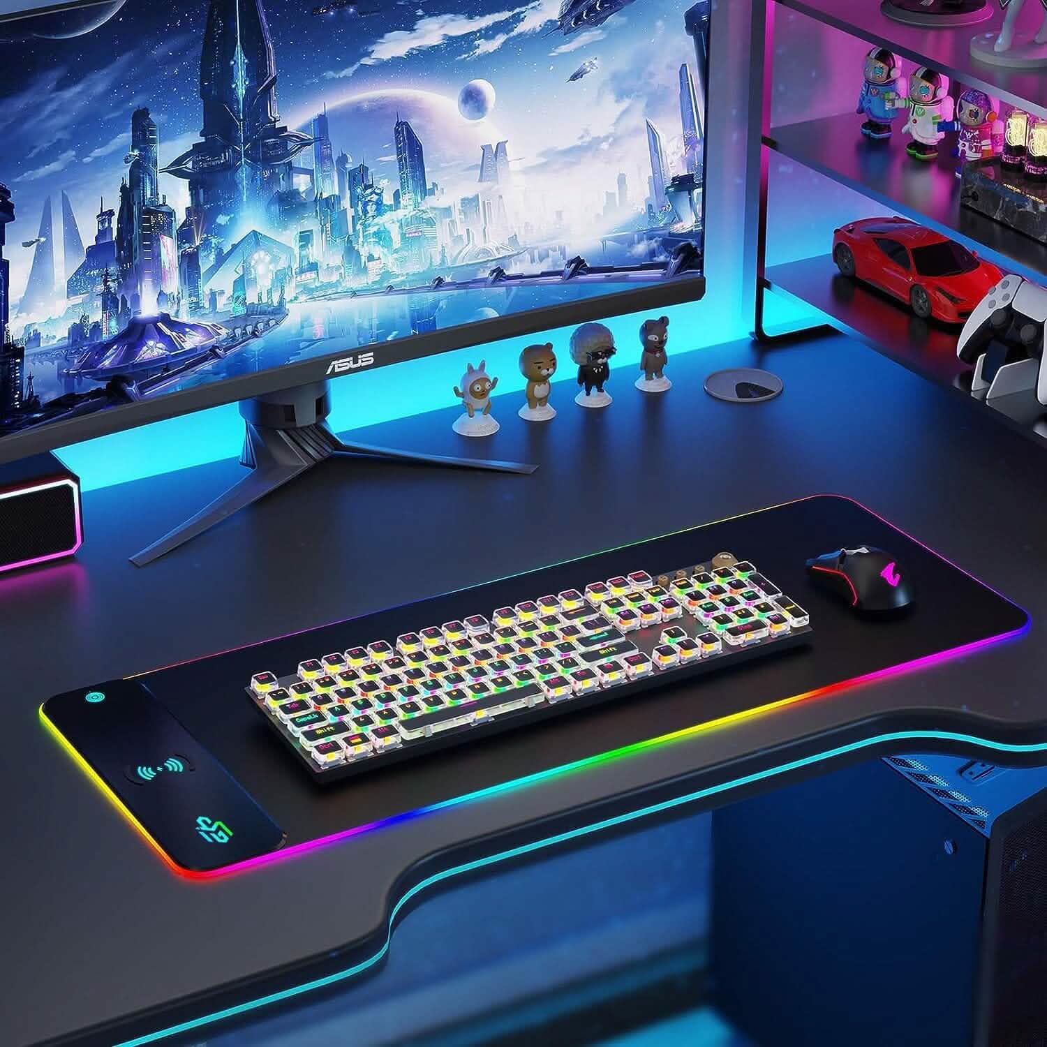 Black RGB gaming mouse pad with multicolor LED border and wireless charging logo