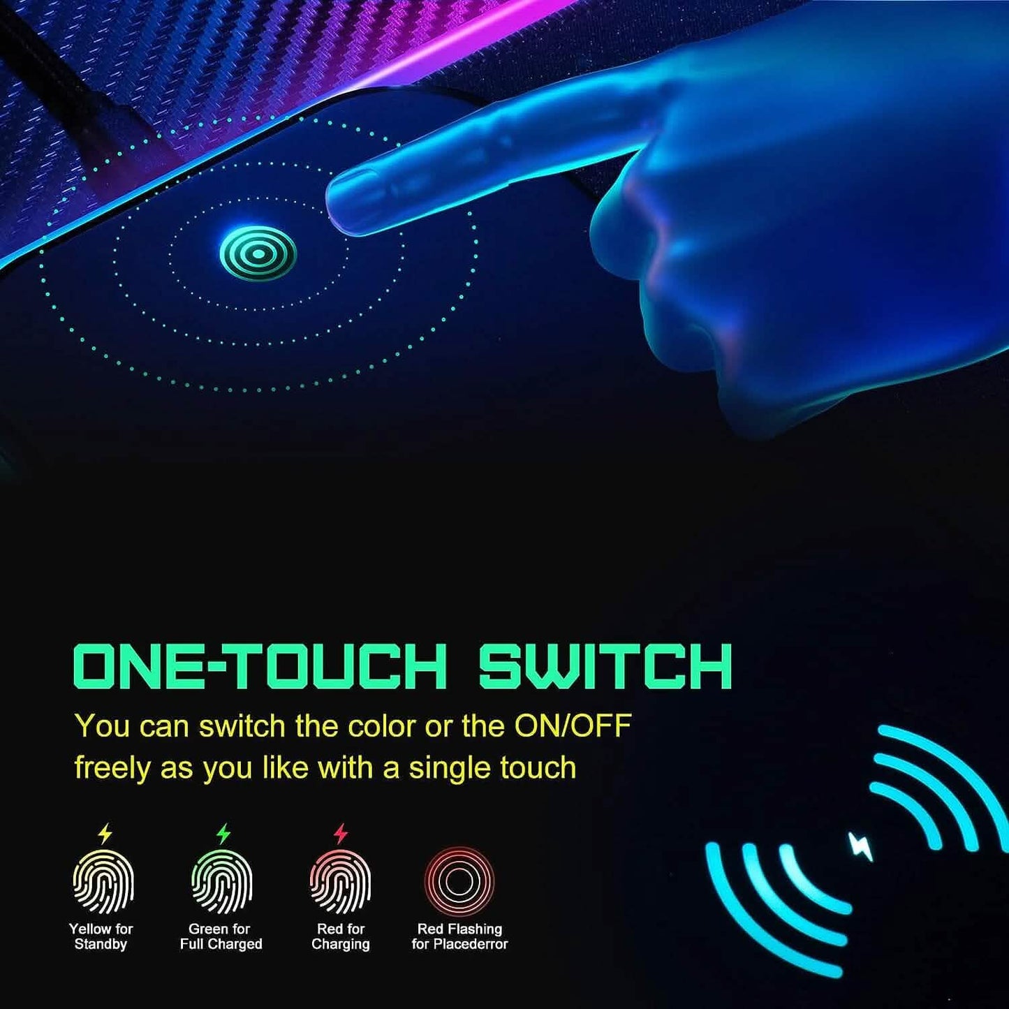 Black gaming mouse pad with glowing circular wireless charging indicator and RGB lighting