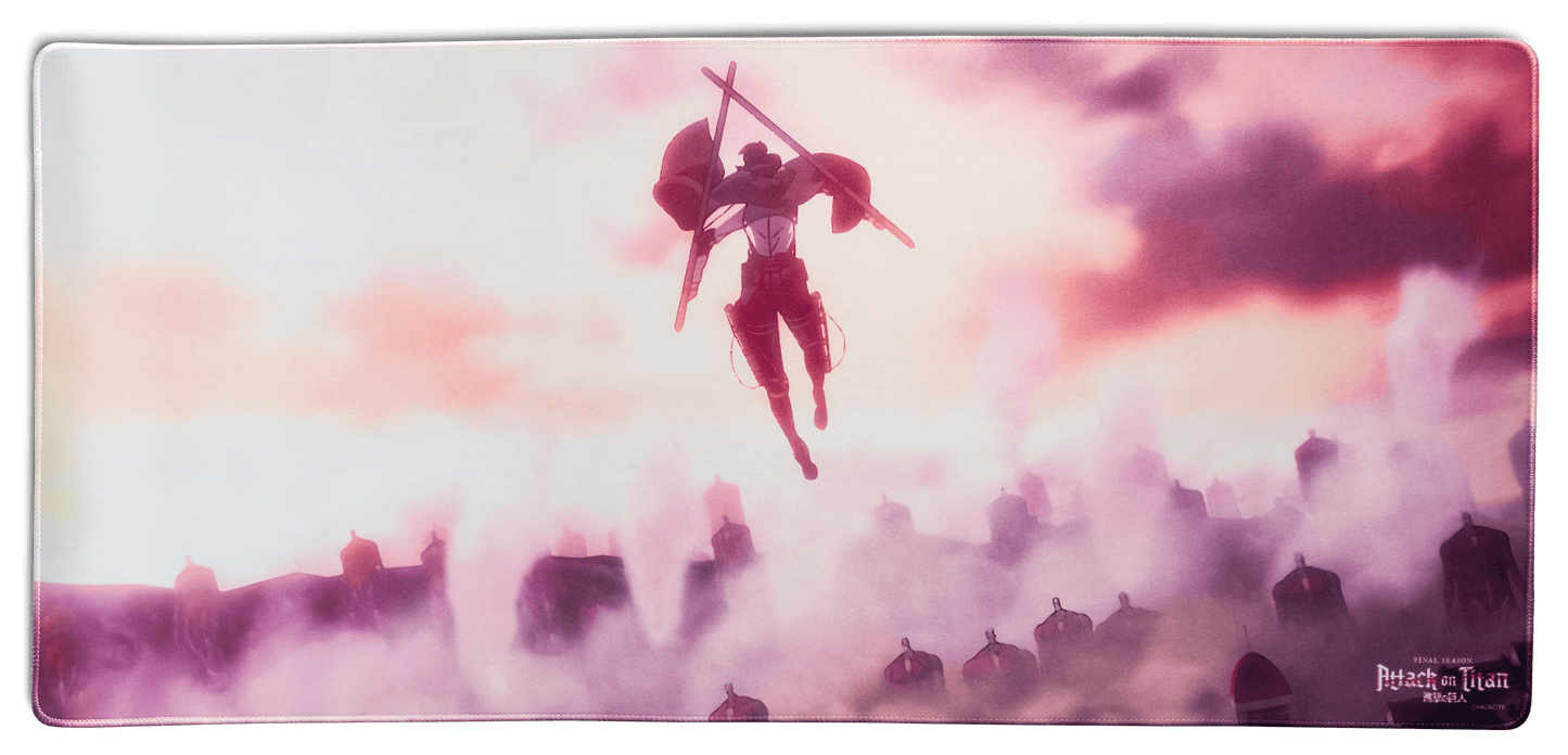 Desk mat featuring an anime soldier flying with cannons above a smoky battlefield