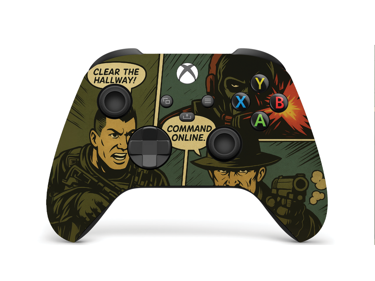 Xbox Series X/S controller front skin with comic battlefield graphics and colored buttons