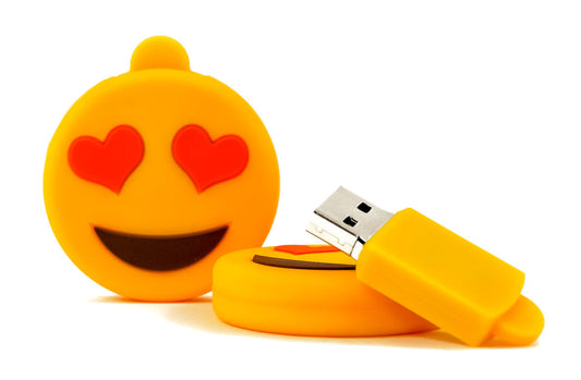 Yellow heart-eyes emoji USB 3.1 flash drive with red heart eyes and a smile.