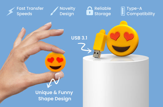 Heart-eyes emoji flash drive with Type-A USB plug, shown in a hand.