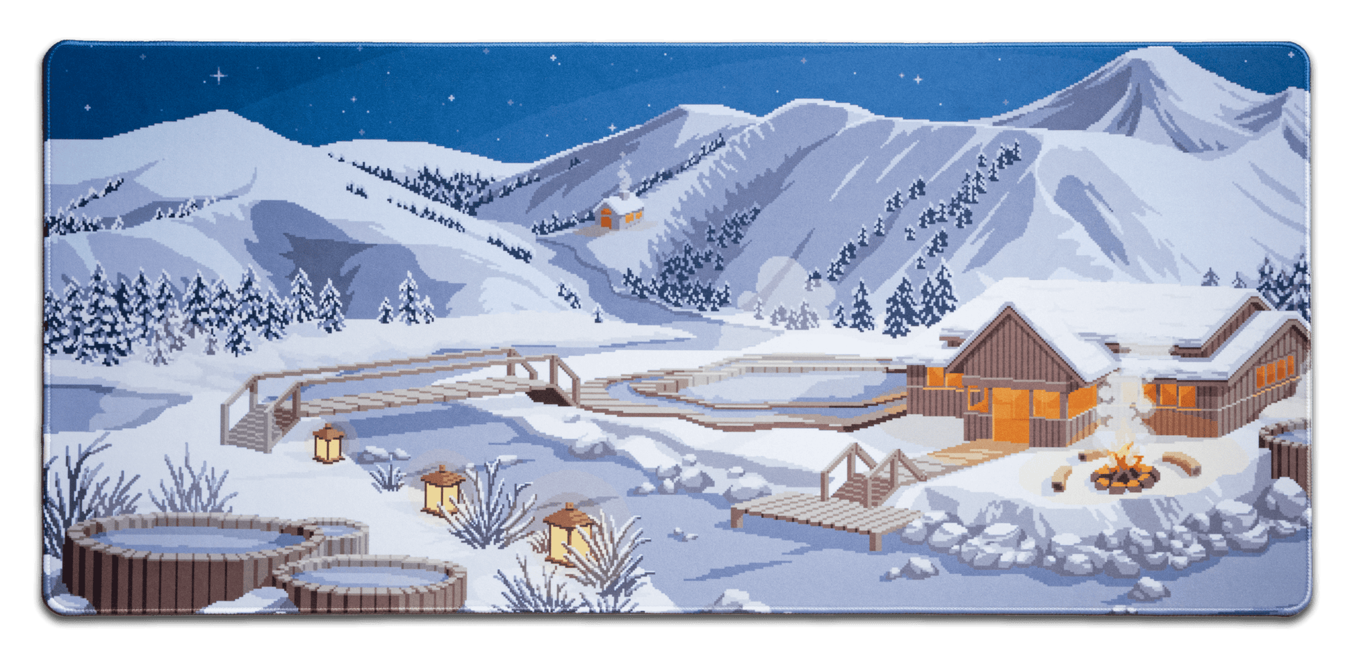 Winter-themed desk mat with mountains, chalet houses, and trees; rounded border.