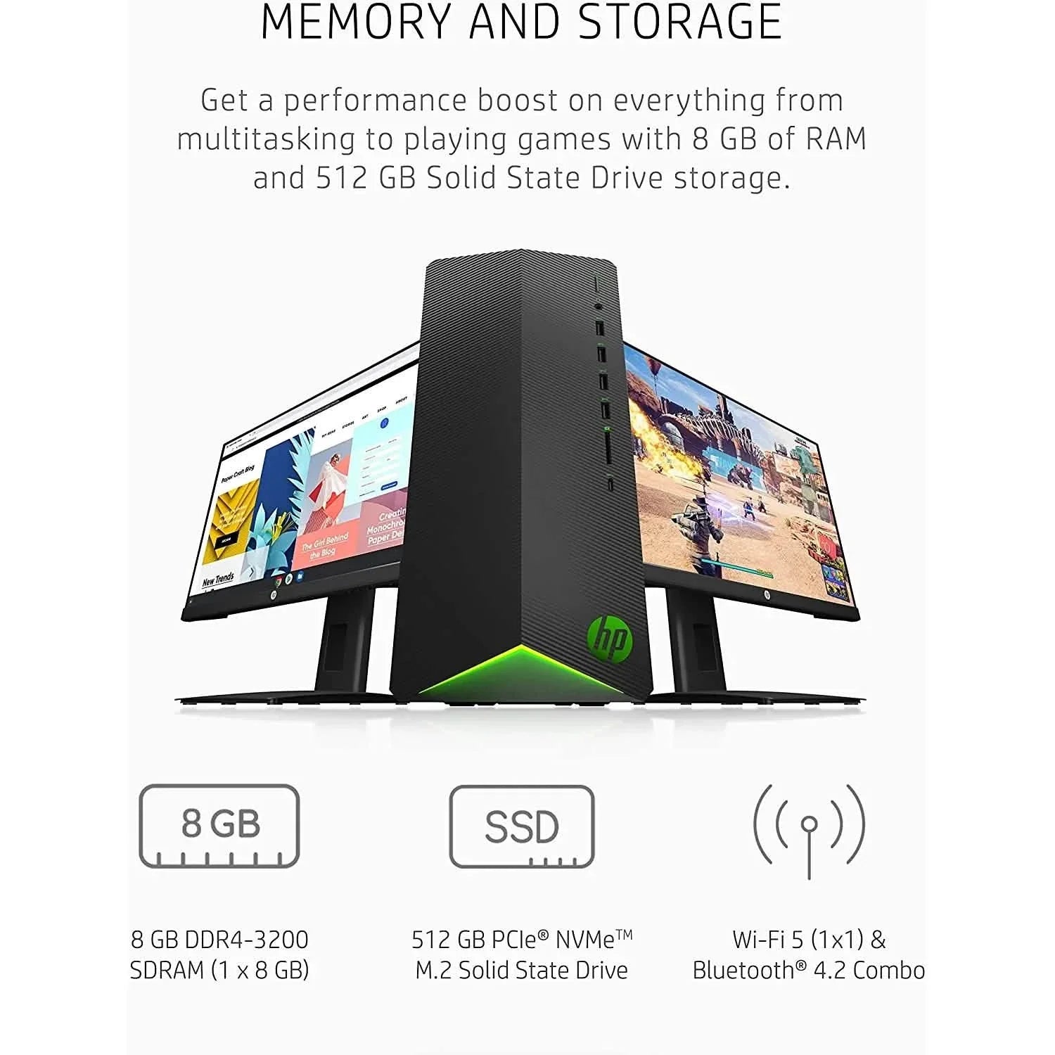 Black gaming desktop tower with front I/O ports strip and green accent light base