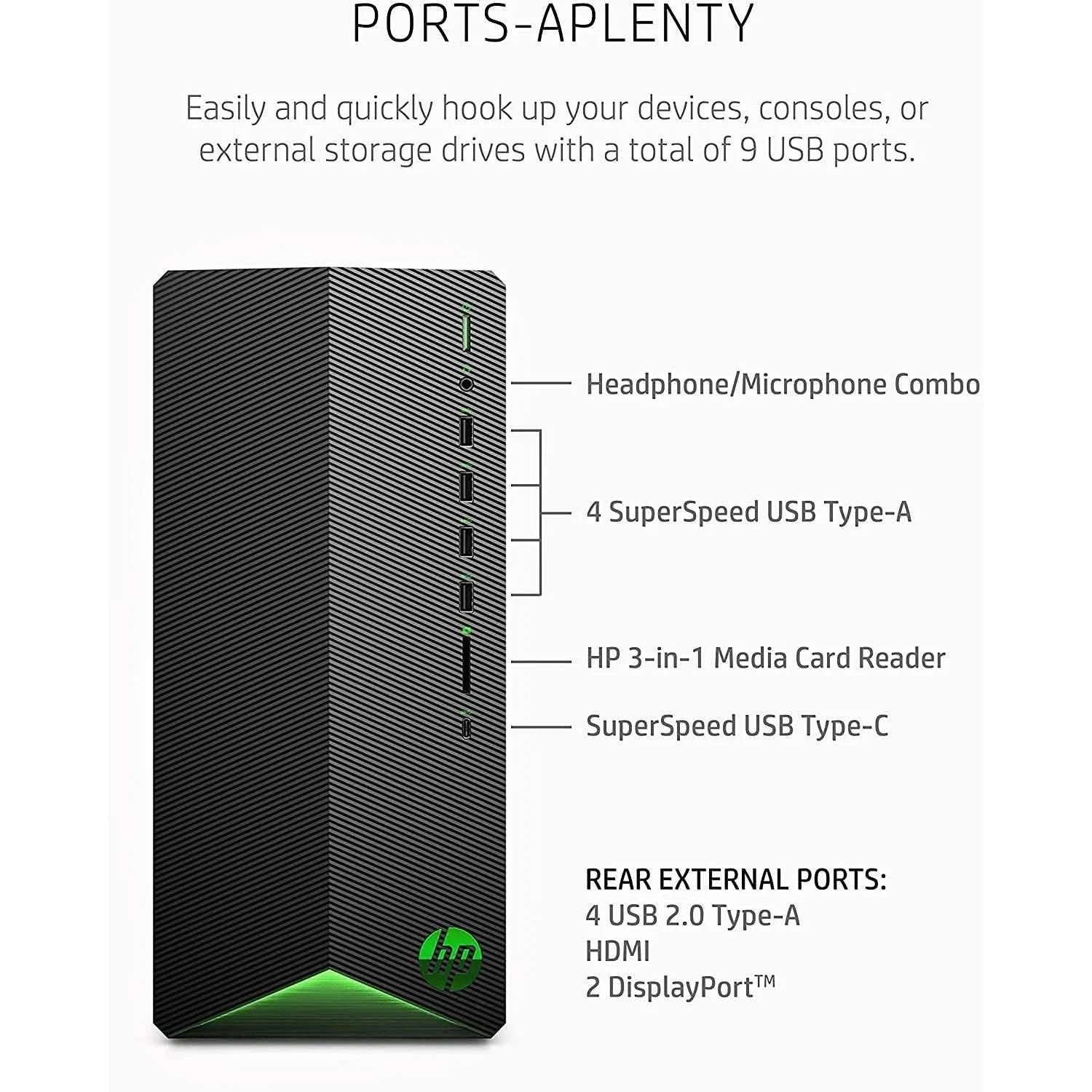 Black desktop tower with front I/O ports and green-lit base, showing connector layout