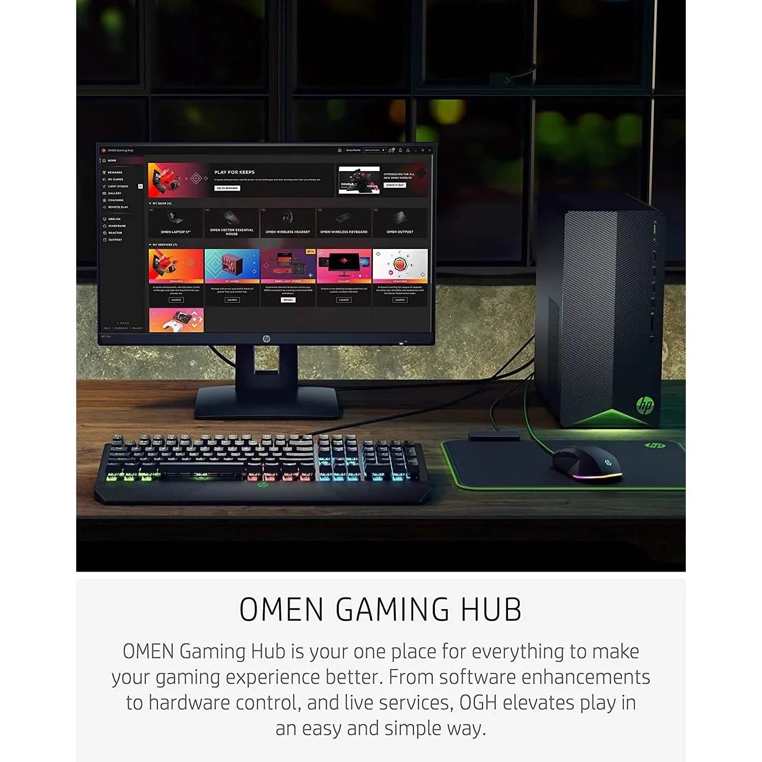Black gaming desktop tower with green accent glow on the front base