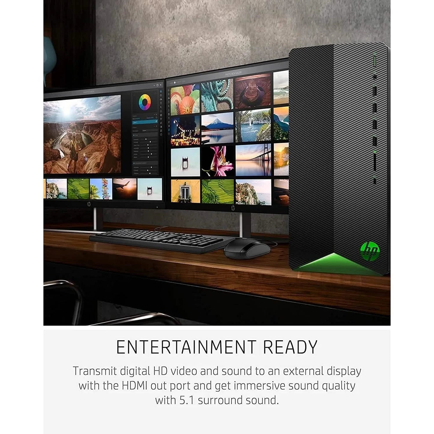 Black gaming desktop tower with ribbed texture and green triangular light on base