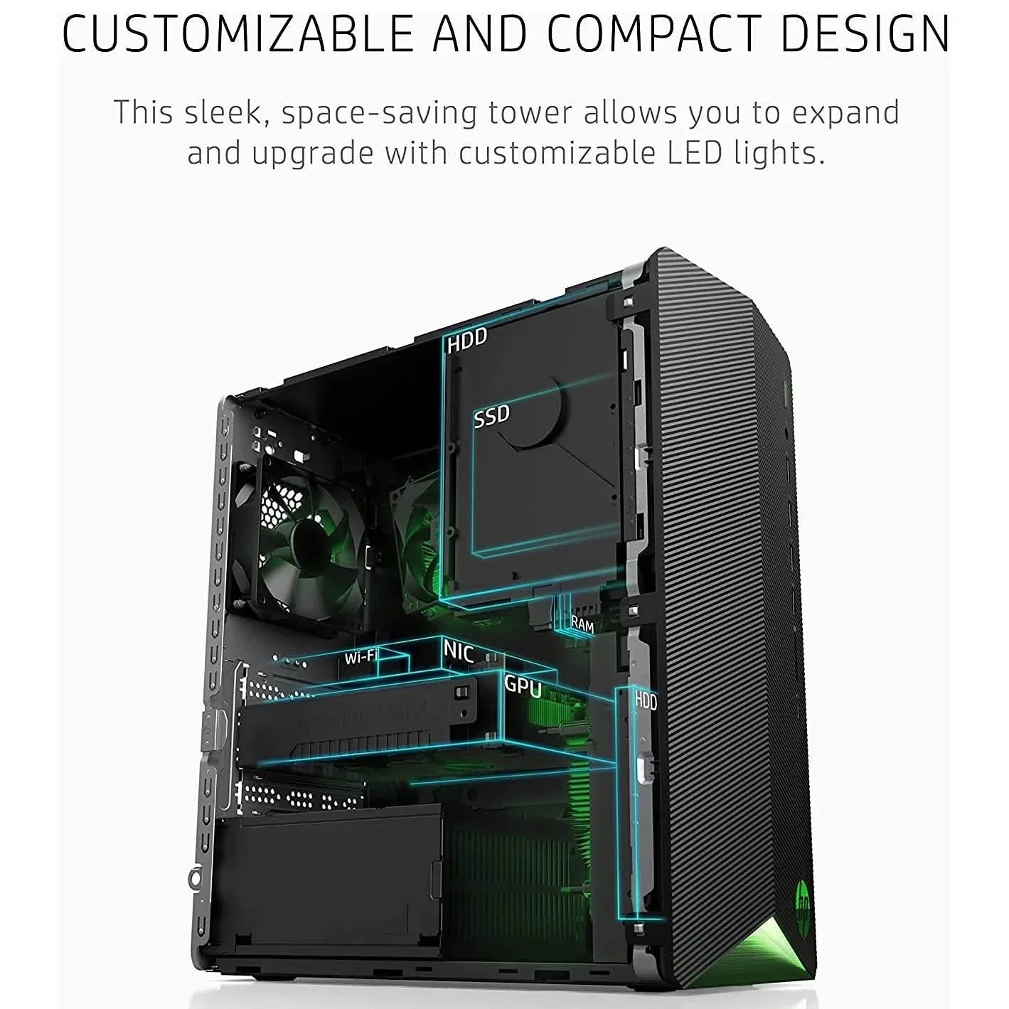 Black gaming desktop tower open chassis with visible fans and green-lit internal bays