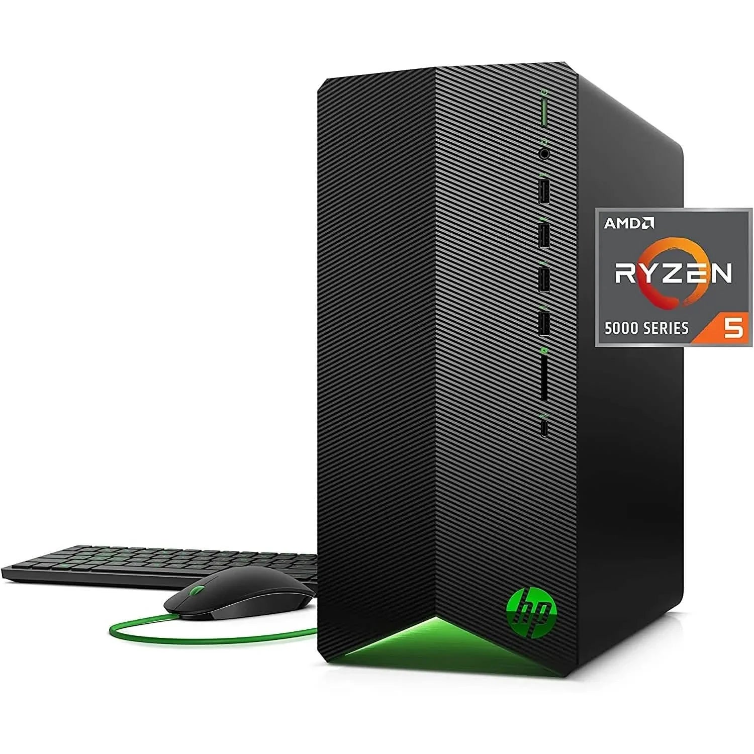 Black HP gaming desktop tower with ribbed side panels and green LED accents