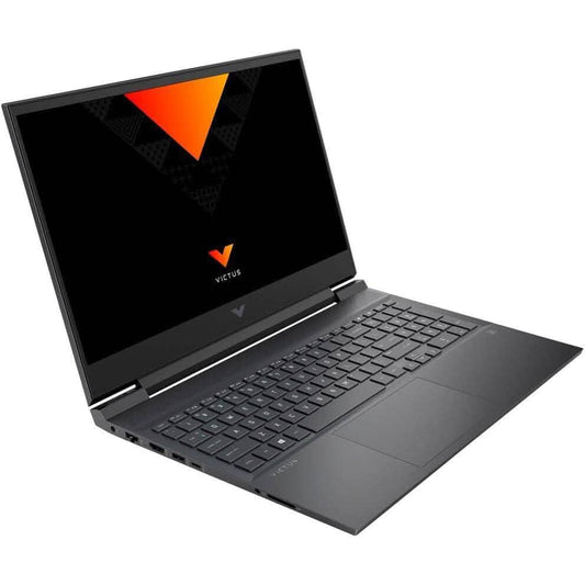 Victus gaming laptop angled view, black screen with orange logo and full keyboard