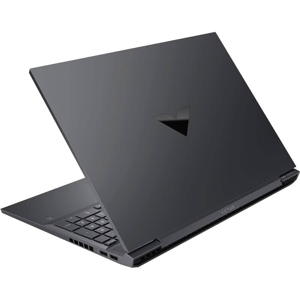Victus gaming laptop back with V arrow emblem and side ports visible