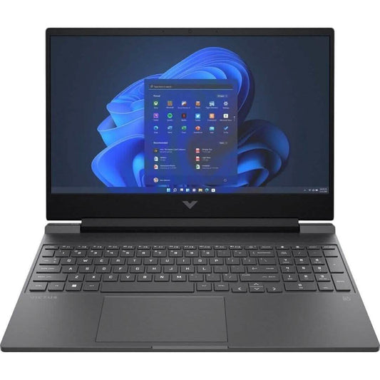 Victus gaming laptop with black keyboard and V logo centered under the display