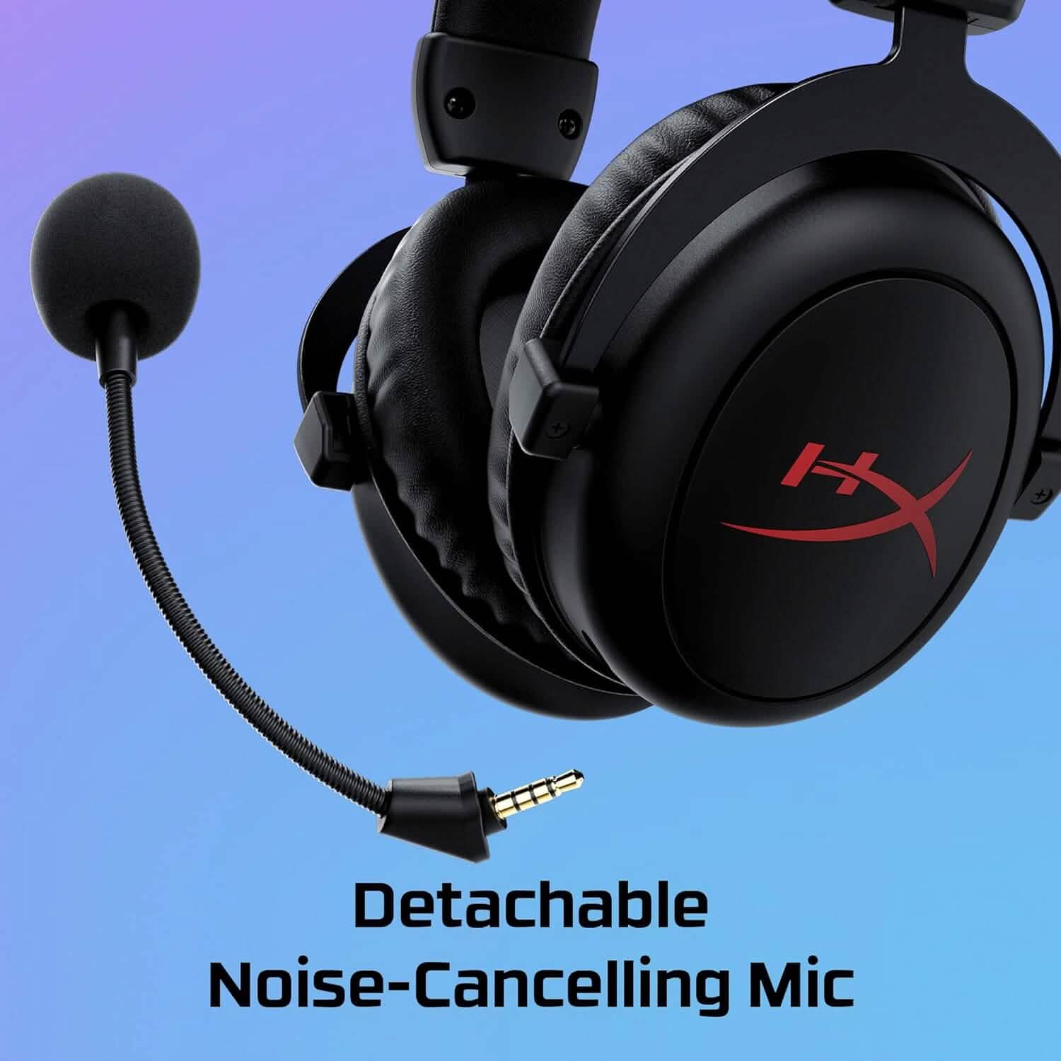 Black headset with red ear-cup logo and detachable noise-canceling boom mic