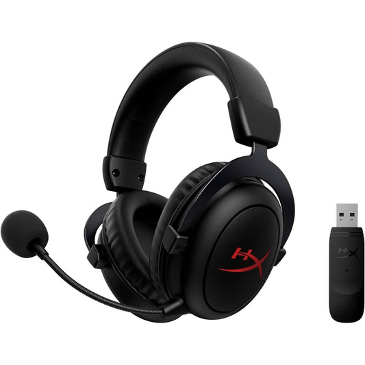 Black over-ear wireless gaming headset with red logo and cushioned headband