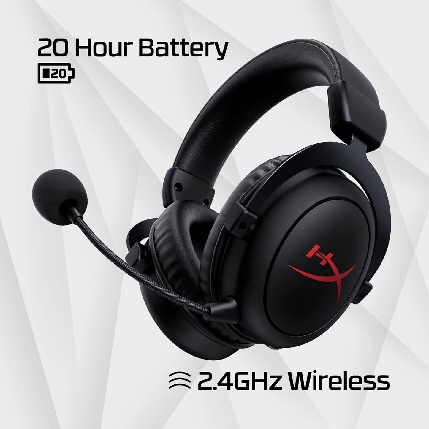 Black over-ear wireless headset with red logo on ear cups and boom microphone