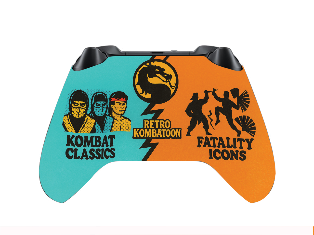 Xbox controller front with Retro Kombatton art: turquoise and orange with KOMBAT CLASSICS