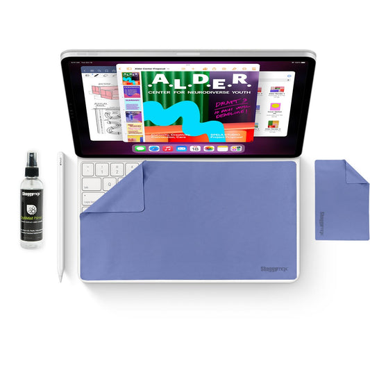 iPad 11-inch cleaning kit with blue microfiber cloth and spray bottle