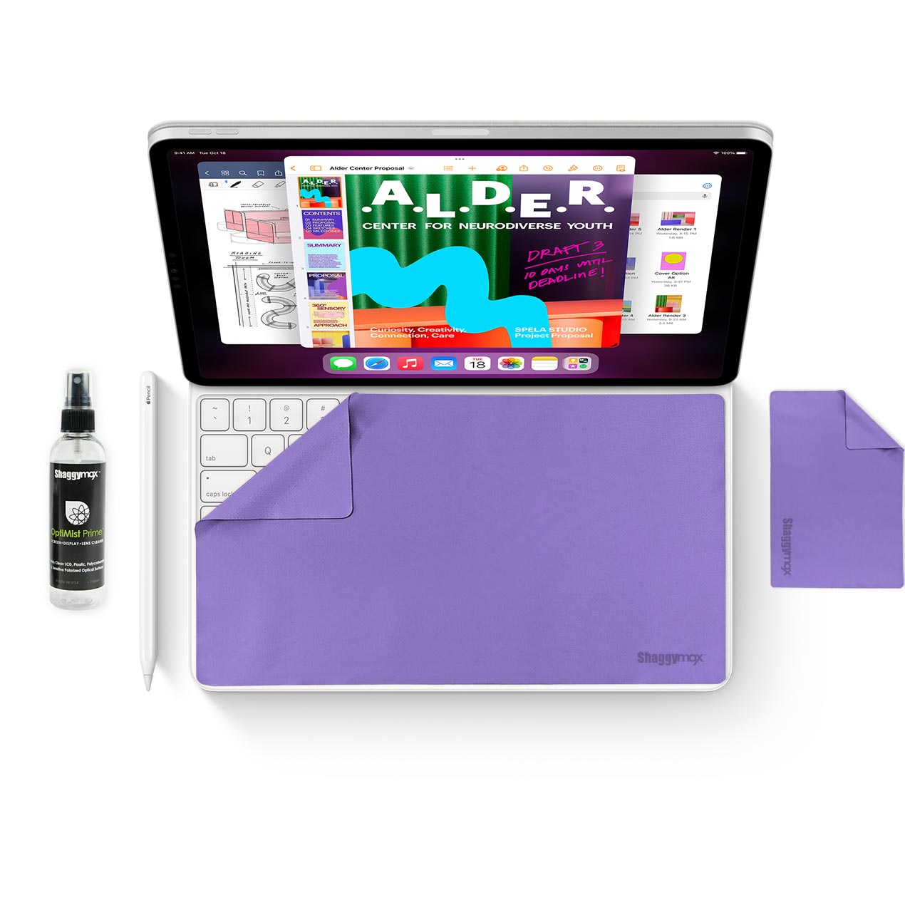 iPad 11-inch cleaning kit with purple microfiber cloth and spray bottle