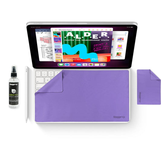 iPad 11-inch cleaning kit with purple microfiber cloth and spray bottle