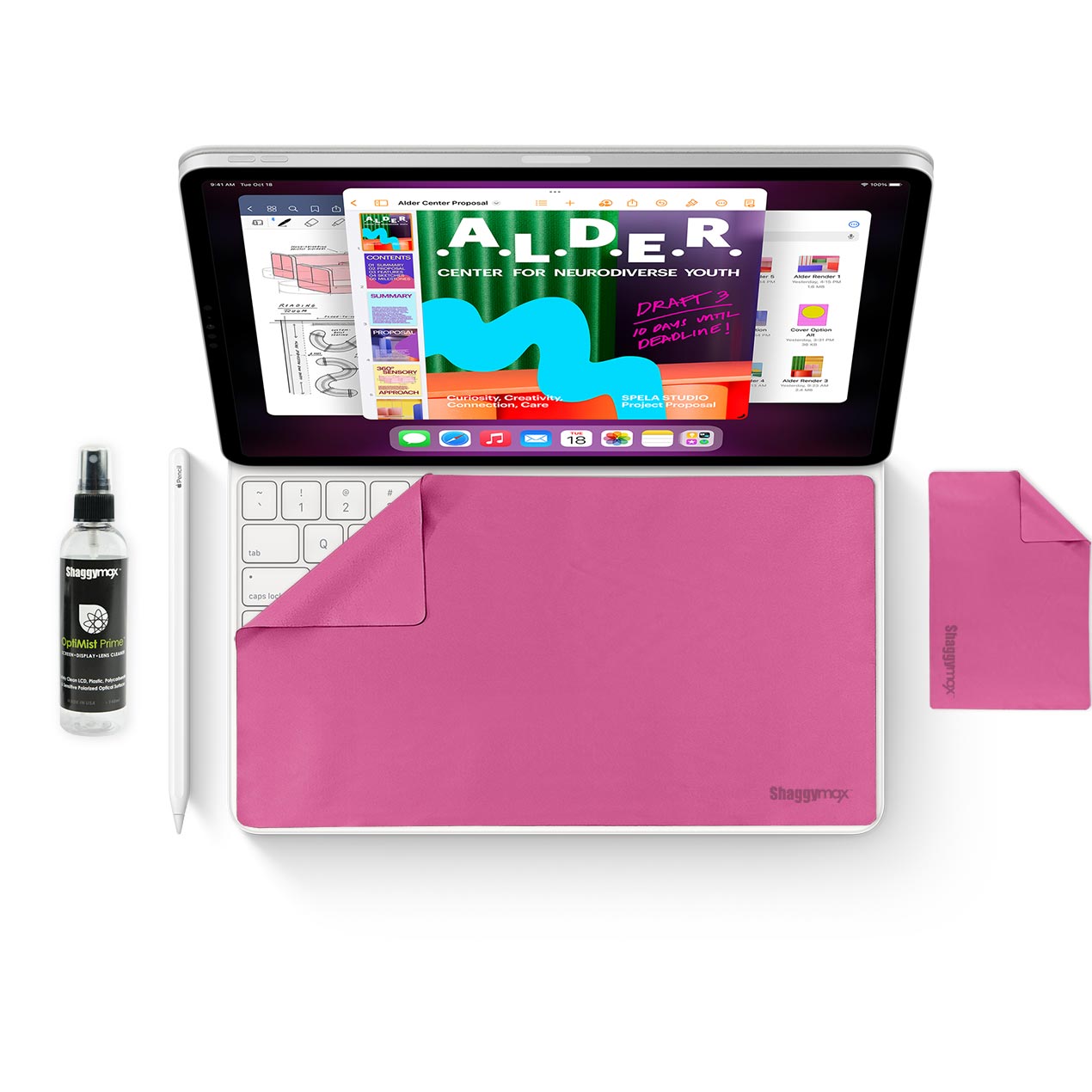 iPad 11-inch cleaning kit with pink microfiber cloth and spray bottle