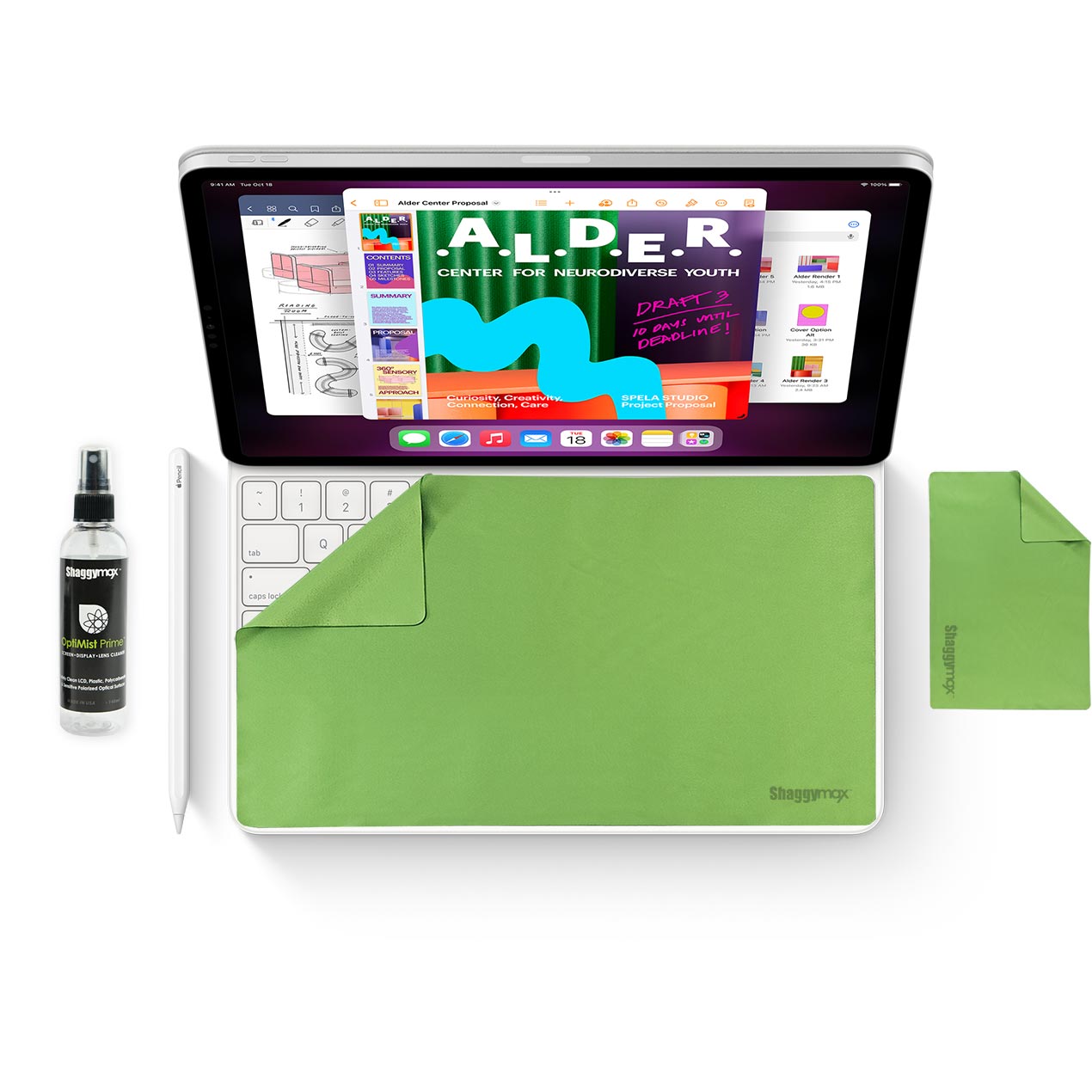 iPad 11-inch cleaning kit with green microfiber cloth and spray bottle