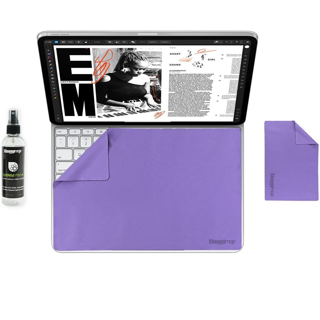 Microfiber cleaning pad kit with screen cleaner spray and purple pouch