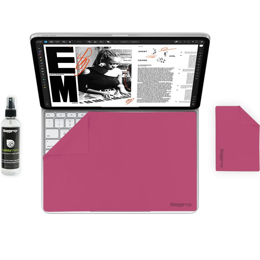 Microfiber cleaning pad kit with screen cleaner spray and pink pouch