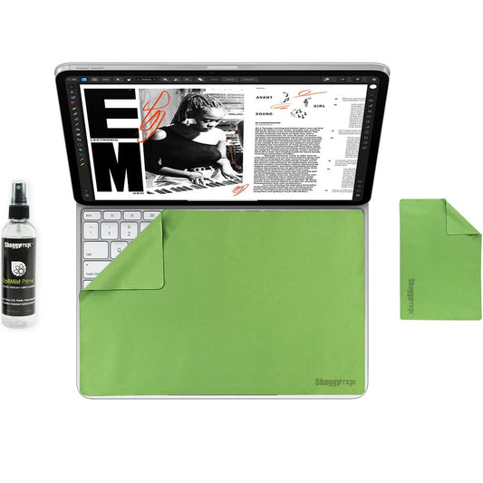 Microfiber cleaning pad kit with screen cleaner spray and green pouch