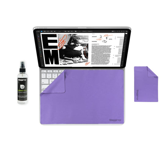 Purple microfiber tablet cleaning kit: spray bottle and folded cloth