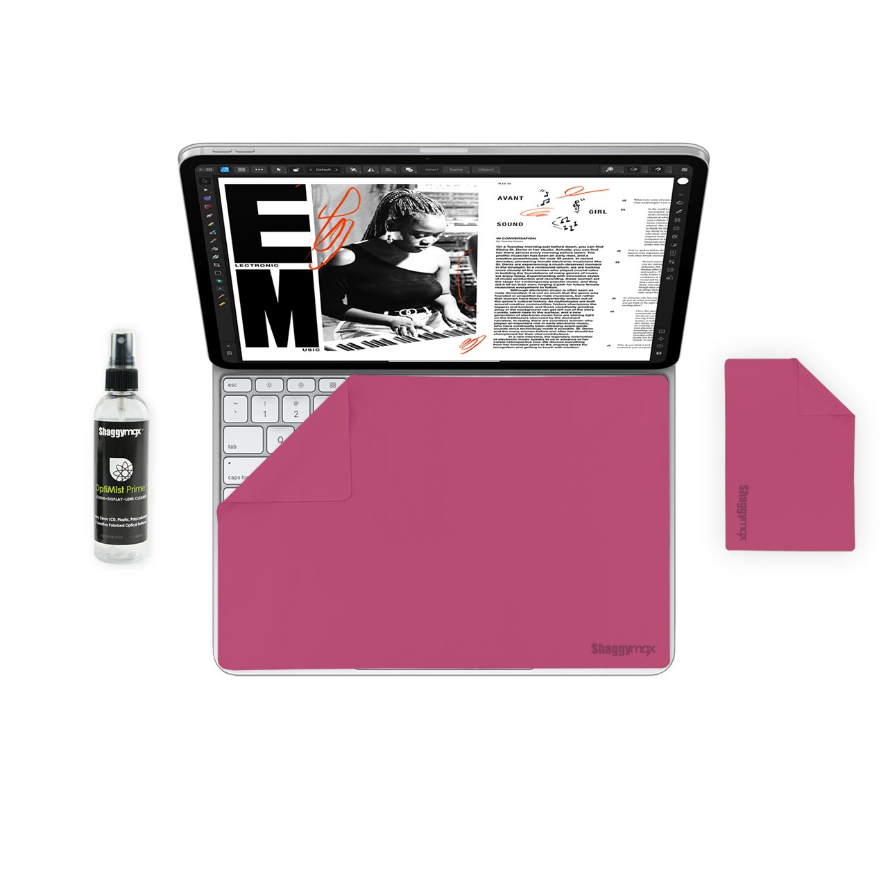 Pink microfiber tablet cleaning kit: spray bottle and folded cloth