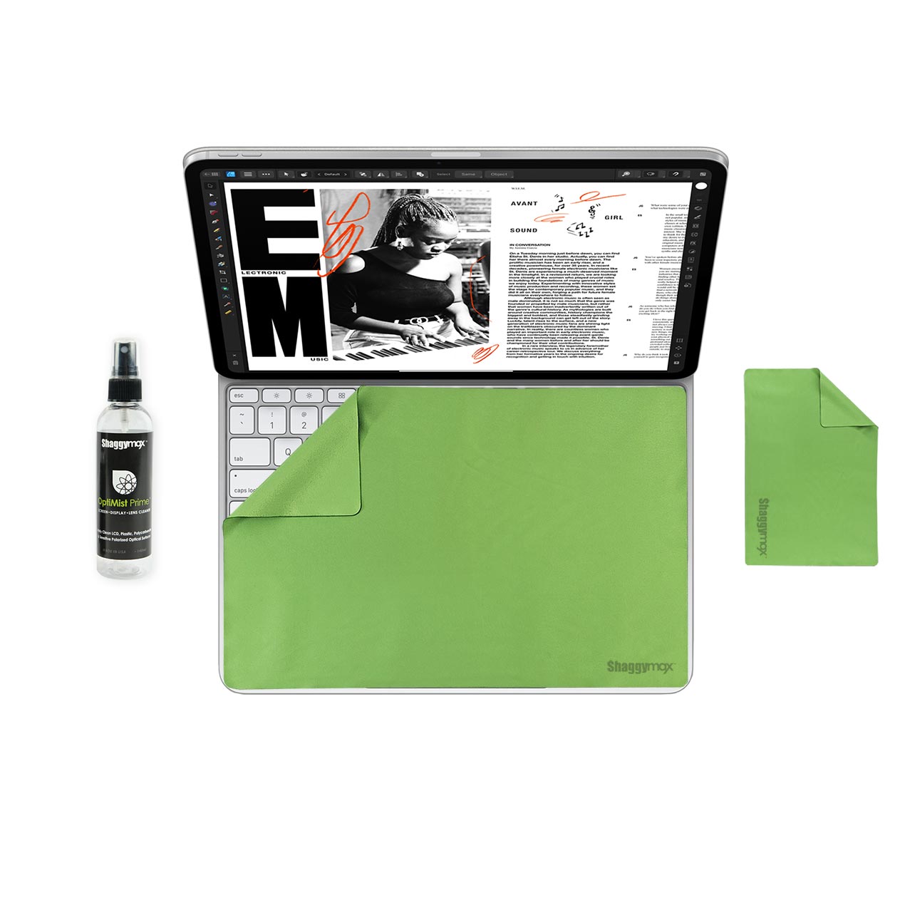 Green microfiber tablet cleaning kit: spray bottle and folded cloth