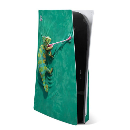 PS5 console skin with green iguana graphic