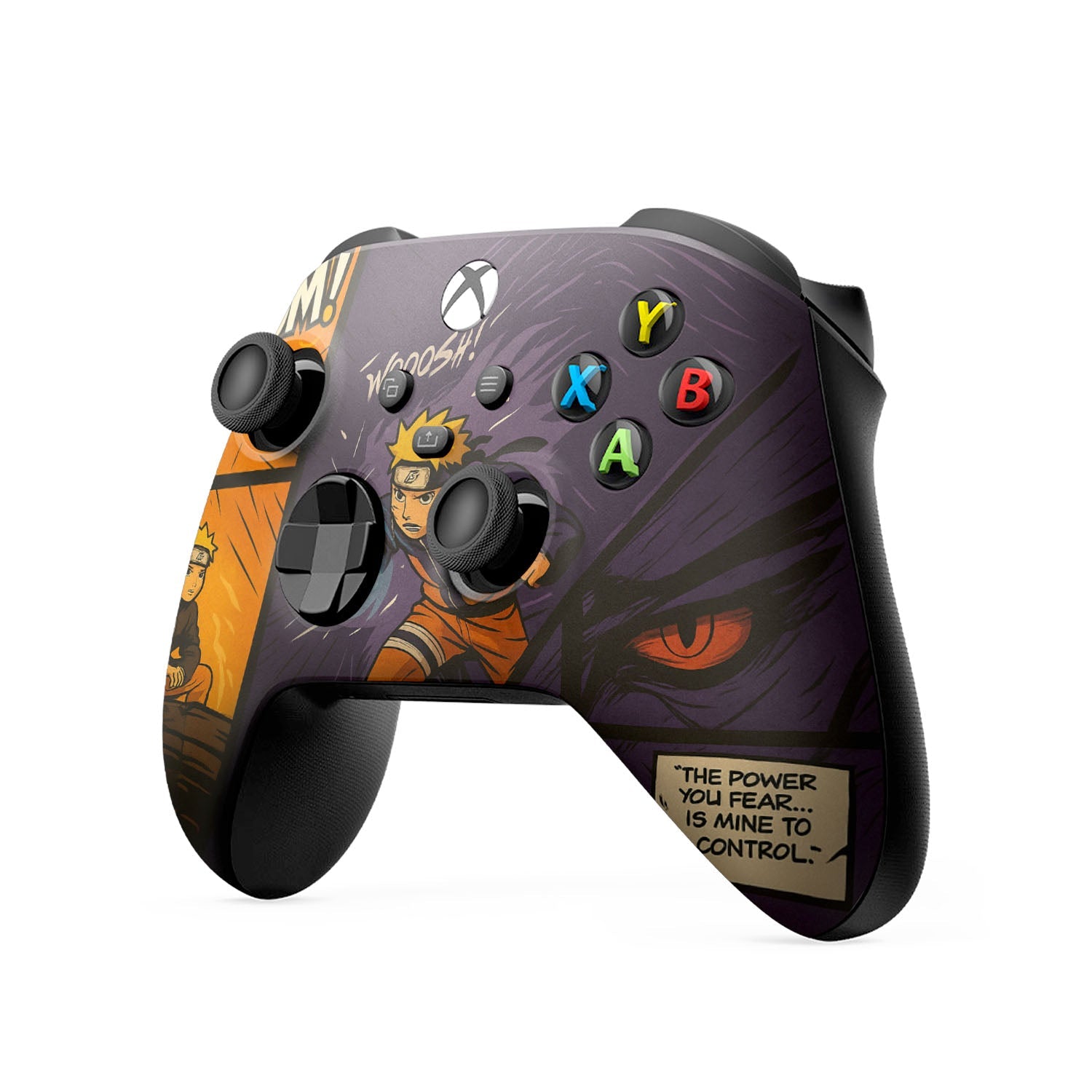 Xbox Series X/S controller with close-up orange-purple anime graphic and ABXY button lights