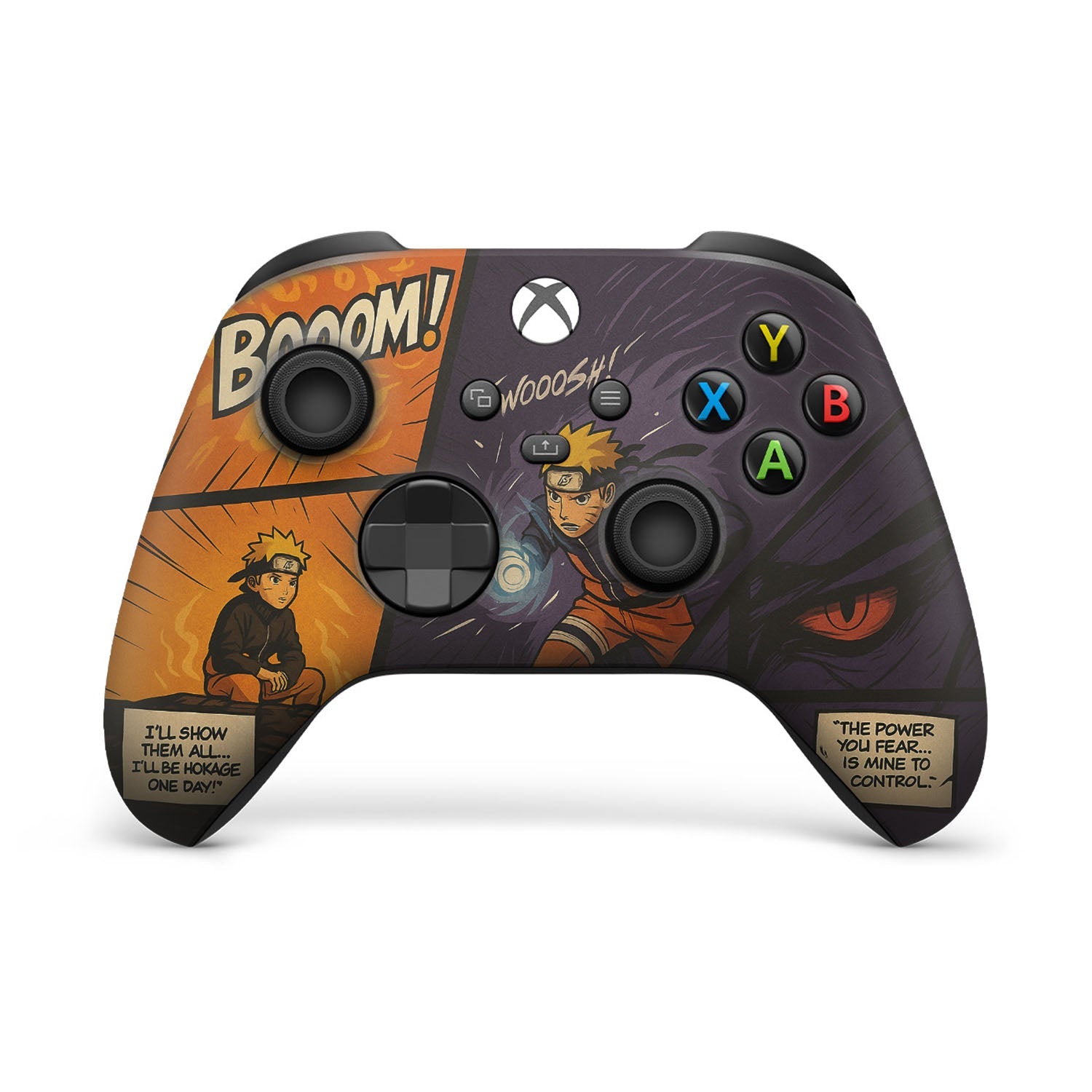 Xbox Series X/S controller with orange and purple anime comic artwork, ABXY buttons