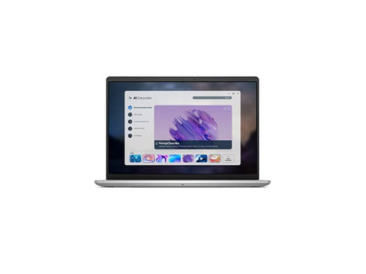 Dell 14-inch laptop with open display and keyboard, silver chassis