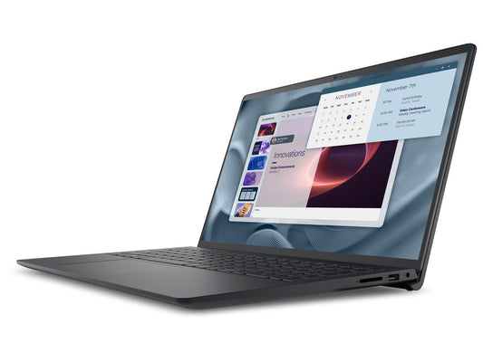 Gray Dell 15-inch laptop with keyboard and open display, angled view