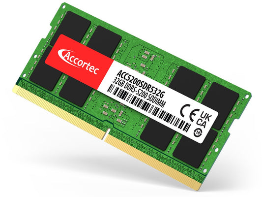 Green 32GB DDR5-5200 SODIMM RAM module with label and barcode