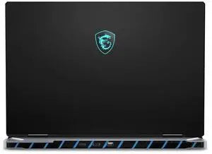 MSI TITAN 18 HX AI gaming laptop rear view with centered shield logo and blue accents