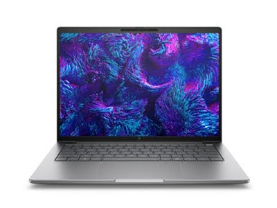 14-inch HP ZBook laptop with open screen and full keyboard