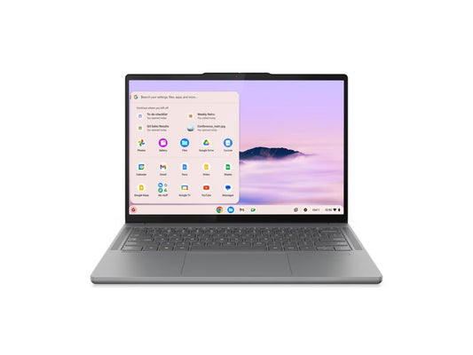 Lenovo Chromebook Plus 14-inch laptop with open display and keyboard, gray