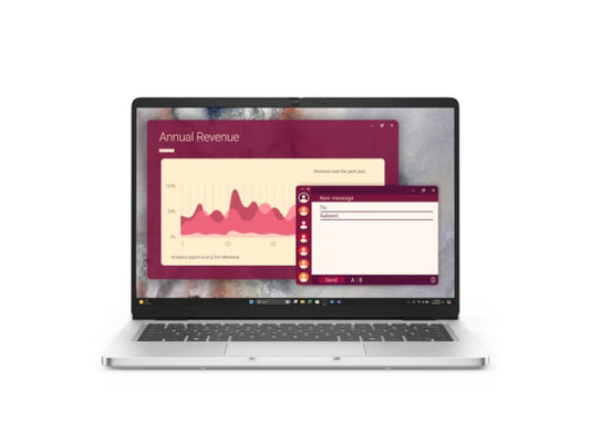 14-inch business laptop with screen on, black keyboard and silver chassis