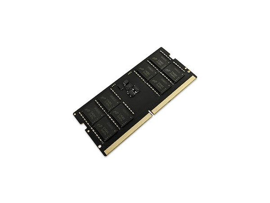 DDR5 RAM memory module with black PCB and gold edge connector, chip layout