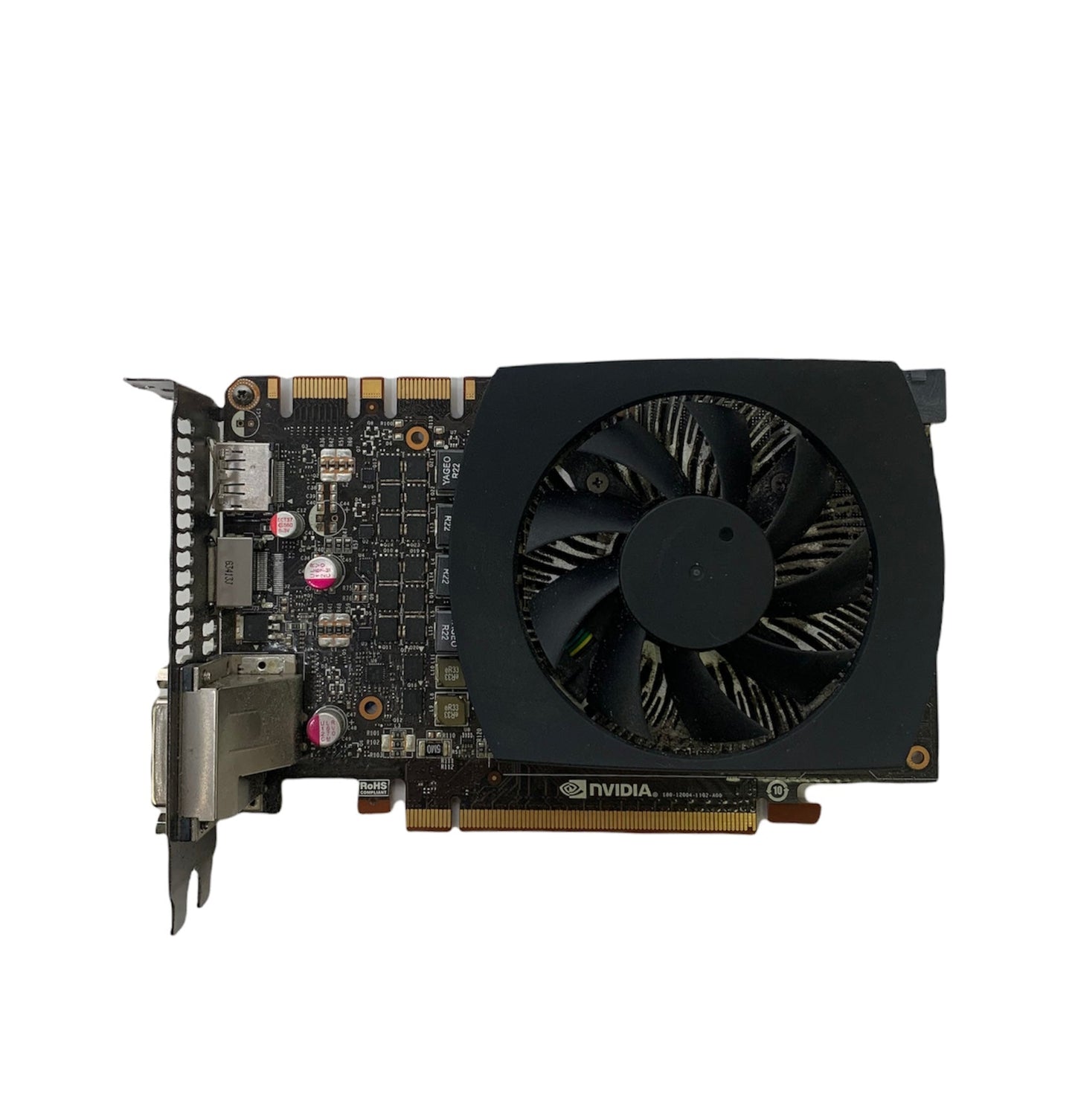 Video graphics card with black cooling fan and metal bracket with display ports
