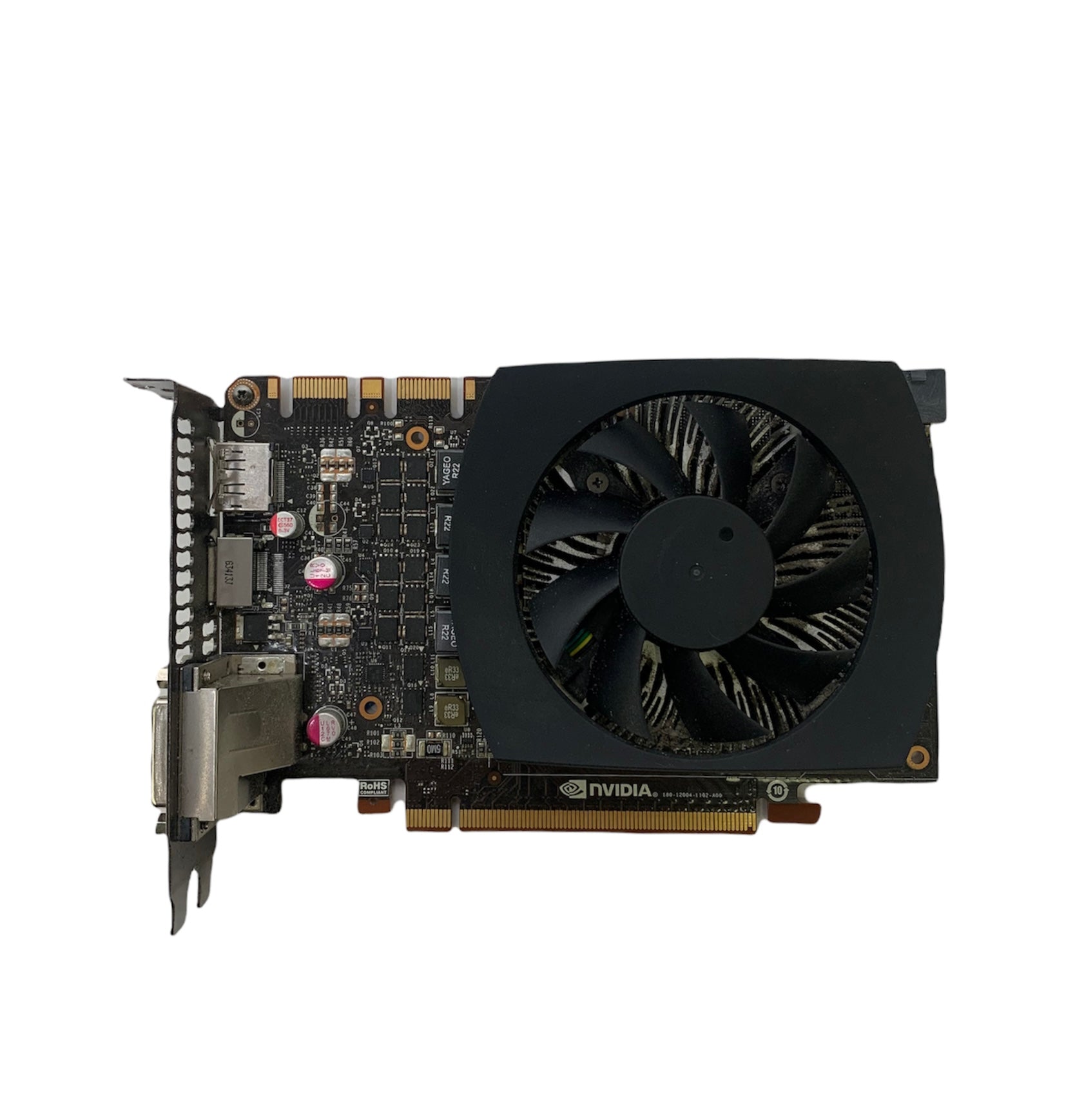 Video graphics card with black cooling fan and metal bracket with display ports