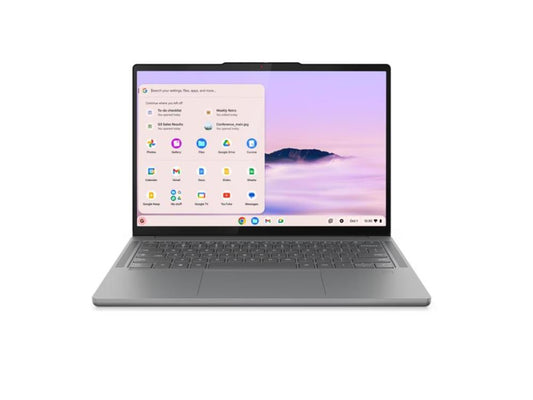 Lenovo 14-inch laptop, open with gray chassis and keyboard, touchscreen visible