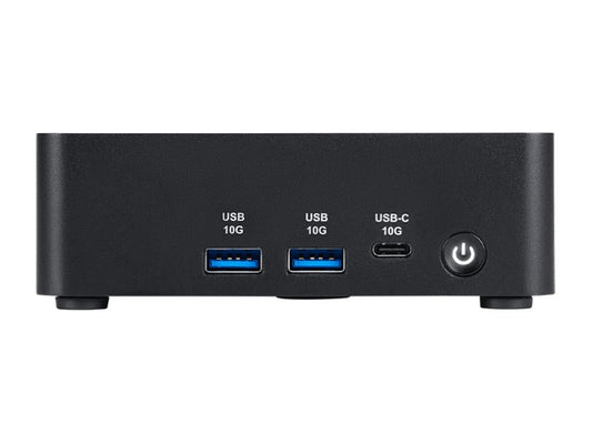 Black mini PC rear I/O ports with USB, USB-C, and power button