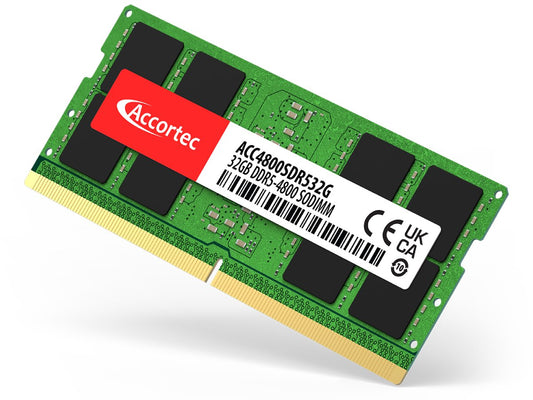 DDR5 SODIMM 32GB 4800 memory module with AccorTec label, green PCB